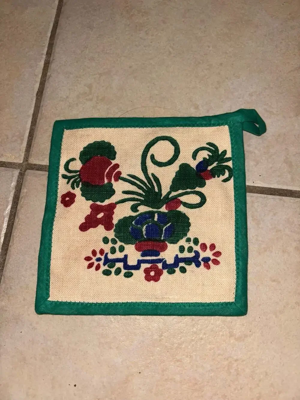 Vintage Scandinavian Folk Art Kurbits Floral Potholder Green Trim